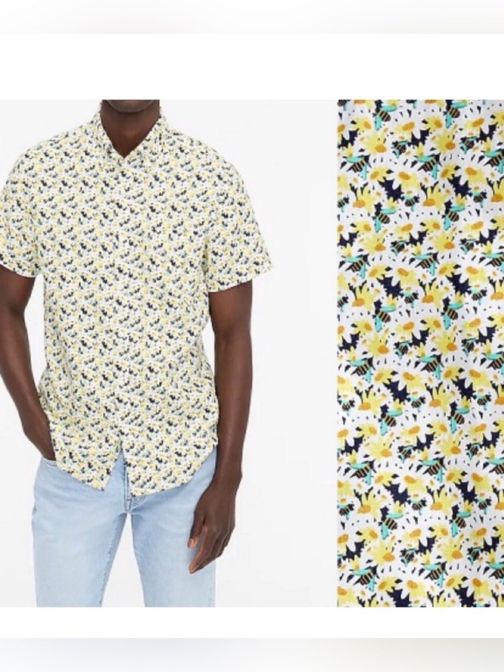 J. Crew Linen Short Slv Floral Button-Down Collared Shirt Daisy Bee Print Small
